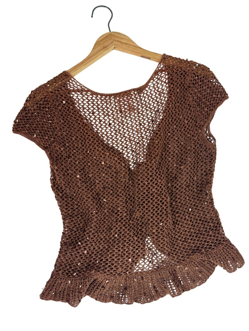 Vintage Brown Crochet Tie Front Sequin Cardigan Peplum Boho Y2K M - Picture 4 of 4